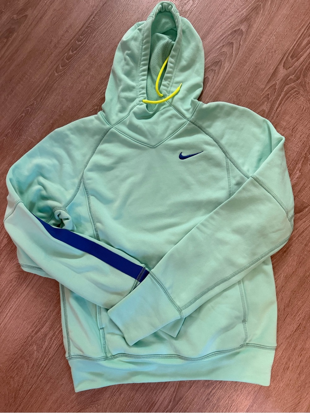 Nike Mint Green Hoodie with Blue Swoosh and Yellow Drawstrings